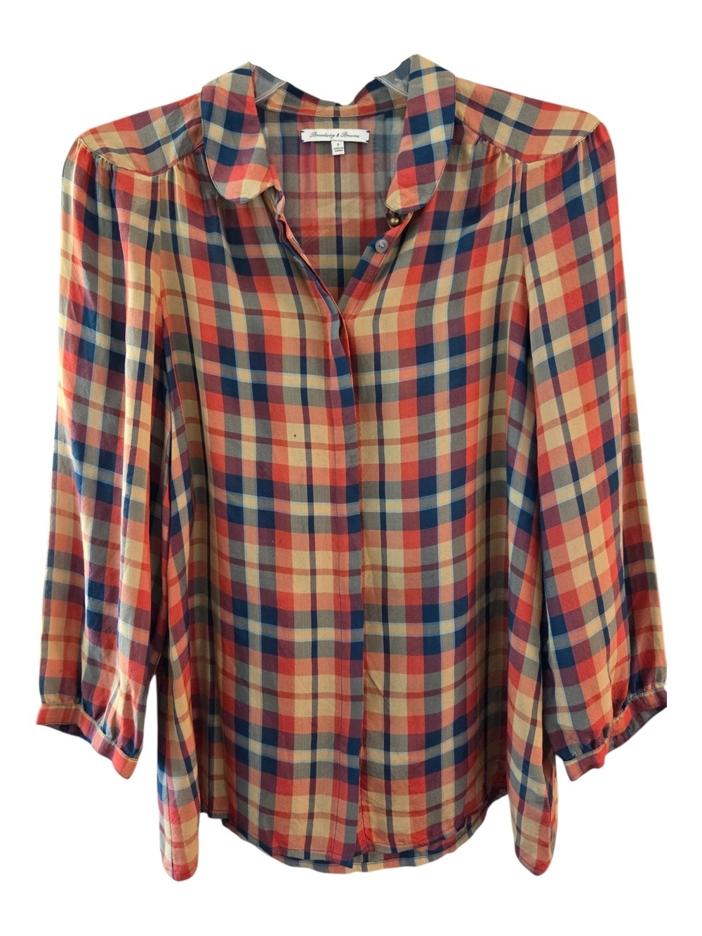 Broadway & Broome 100% Silk Button-Front Plaid Shirt in Red Blue Yellow - Sz S